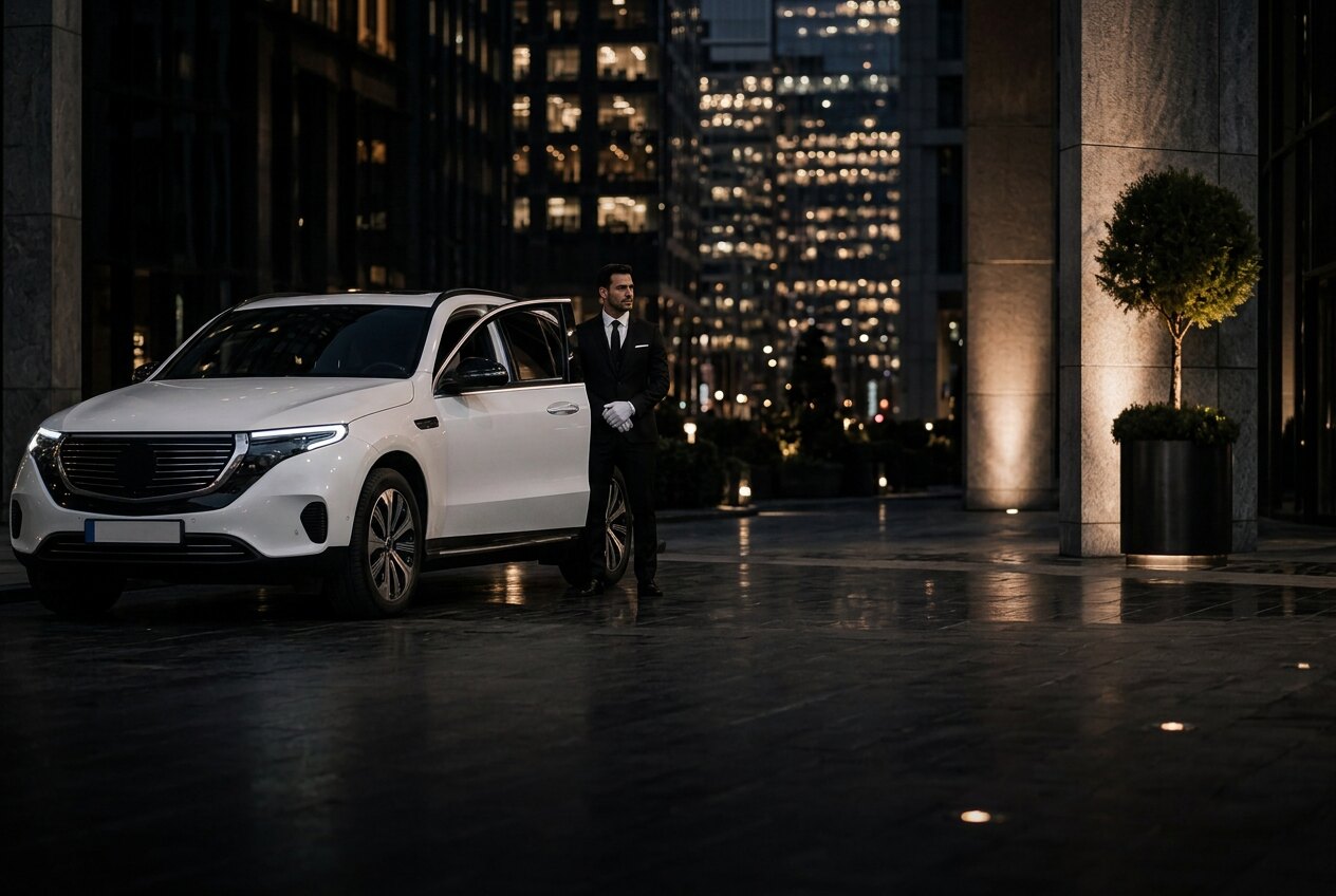 Vibe Premium Shuttle chauffeur in white gloves waiting beside the car